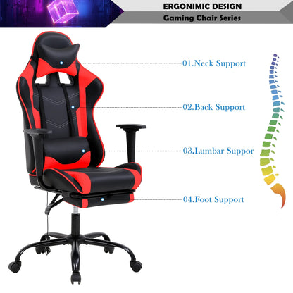 Gaming Chair Racing Office Chair Ergonomic Desk Chair Massage PU Leather Recliner PC Computer Chair with Lumbar Support Headrest Armrest Footrest Rolling Swivel Task Chair for Adults, Red