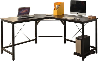 L-Shaped Computer Desk 59 Inches X 59 Inches, Composite Wood and Metal, Home Office PC Laptop Study Workstation Corner Table with CPU Stand, Brown Black and Black Legs, ZJ02-BB