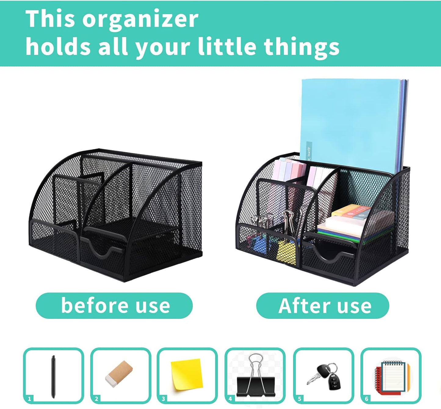 Desk Organizer Pen Holder with 6 Compartments and 1 Drawer,Office Supply Organizer for School,Office Supplies and Desk Accessories, Small Desk Organizer Black