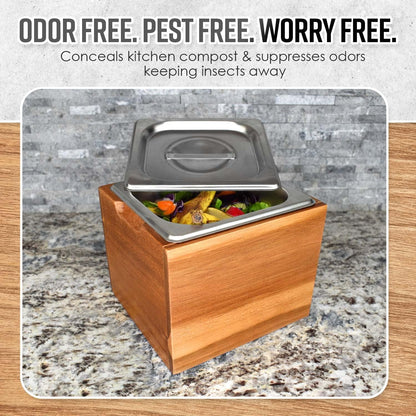 Kitchen Compost Bin- Rust Proof Stainless Steel Insert, Countertop Compost Bin with Lid and Acacia Wood Box- Small Compost Bin Kitchen