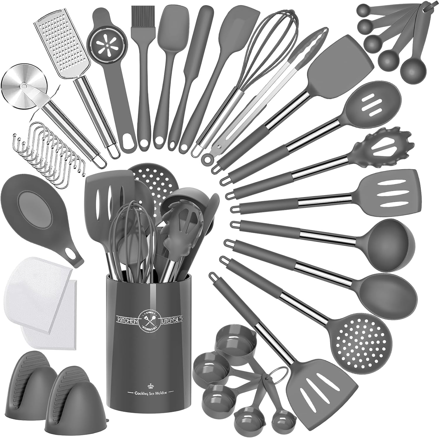 Silicone Kitchen Cooking Utensil Set, 43 Pcs Silicone Spatula with Stainless Steel Handle, Non-Stick Heat Resistant - Best Cookware (Grey)