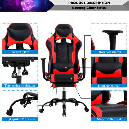 Gaming Chair Racing Office Chair Ergonomic Desk Chair Massage PU Leather Recliner PC Computer Chair with Lumbar Support Headrest Armrest Footrest Rolling Swivel Task Chair for Adults, Red