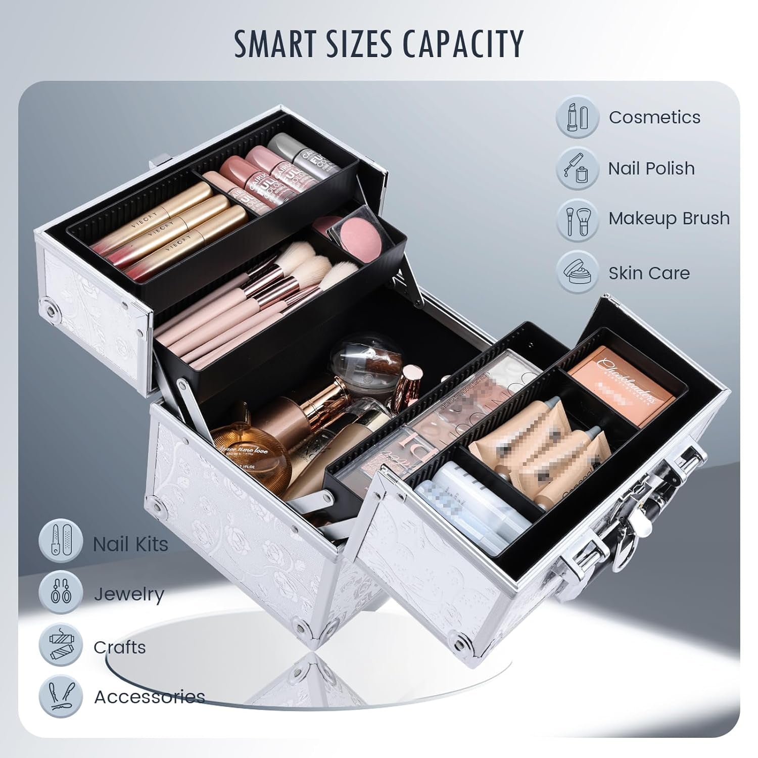 Makeup Train Case Portable Cosmetic Box Organizer 4 Trays Aluminum Makeup Case Storage with Divider Lockable for Makeup Artist, Crafter, Makeup Tools Elagant Silver Rose