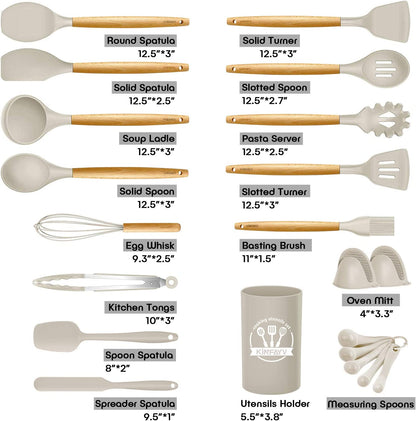 Silicone Cooking Utensils Kitchen Utensil Set, 21 PCS Wooden Handle Nontoxic BPA Free Silicone Spoon Spatula Turner Tongs Kitchen Gadgets Utensil Set for Nonstick Cookware with Holder (Khaki)