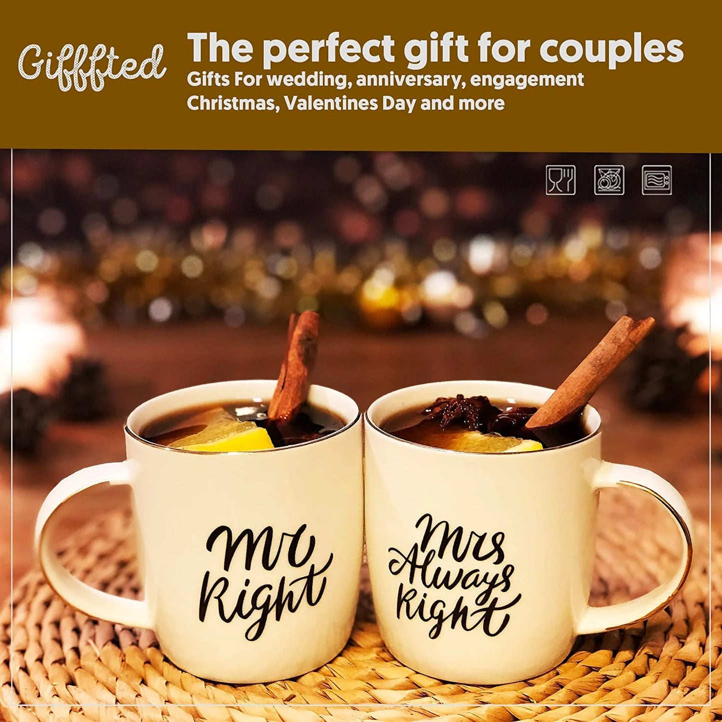 Triple  Mr Right and Mrs Always Right Coffee Mugs Gifts for Couple, Engagement Anniversary Day Wedding, Women, Couples, Bride Groom, Christmas, Newlywed, Valentine'S, Gift, His and Hers Set