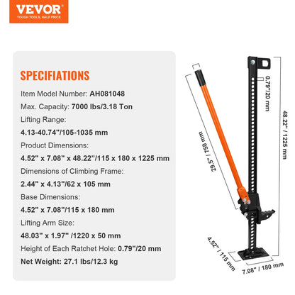 VEVOR High Lift Farm Jack, 48 Utility Farm Jack, 7000 Lbs Capacity Ratcheting off Road Utility Jack, Heavy-Duty Farm Jack for Tractor, Truck, SUV, Bumper Lift, Orange