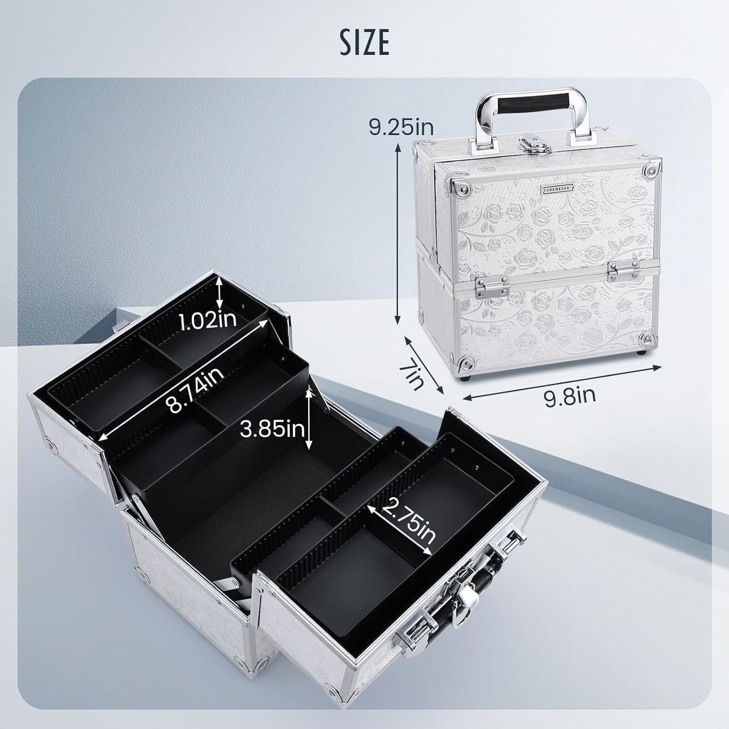 Makeup Train Case Portable Cosmetic Box Organizer 4 Trays Aluminum Makeup Case Storage with Divider Lockable for Makeup Artist, Crafter, Makeup Tools Elagant Silver Rose