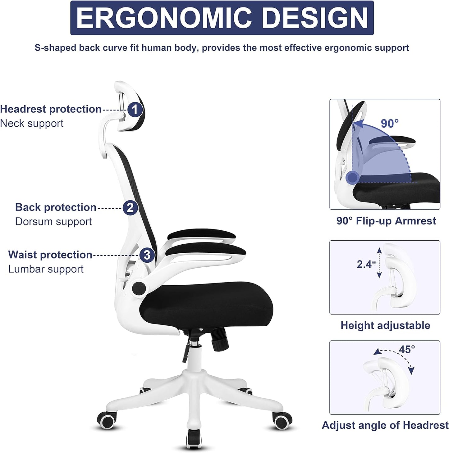 Office Chair, Ergonomic Desk Chair, Computer Chair, Office Desk Chair, Ergonomic Chair, Mesh Computer Chair with Adjustable Headrest and Lumbar Support, Home Office Chair White