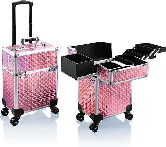 Rolling Makeup Train Case Large Storage Cosmetic Trolley 4 Tray with Sliding Rail Removable Middle Layer with Key Swivel Wheels Salon Barber Case Traveling Cart Trunk