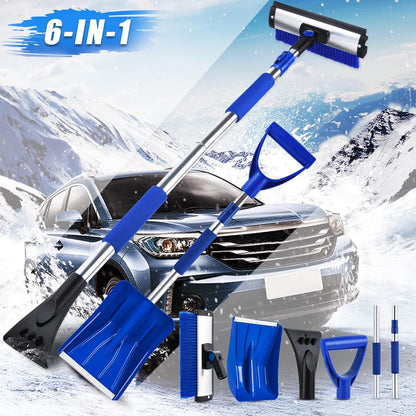 55" Scratch Free Snow Brush for Car and Snow Shovel, Anti-Break Extendable Snow Brush and Ice Scrapers, 6 in 1 Truck Snow Brush with Squeegee, Ice Scraper, Snow Shovel for SUV, Truck, Car Windshield