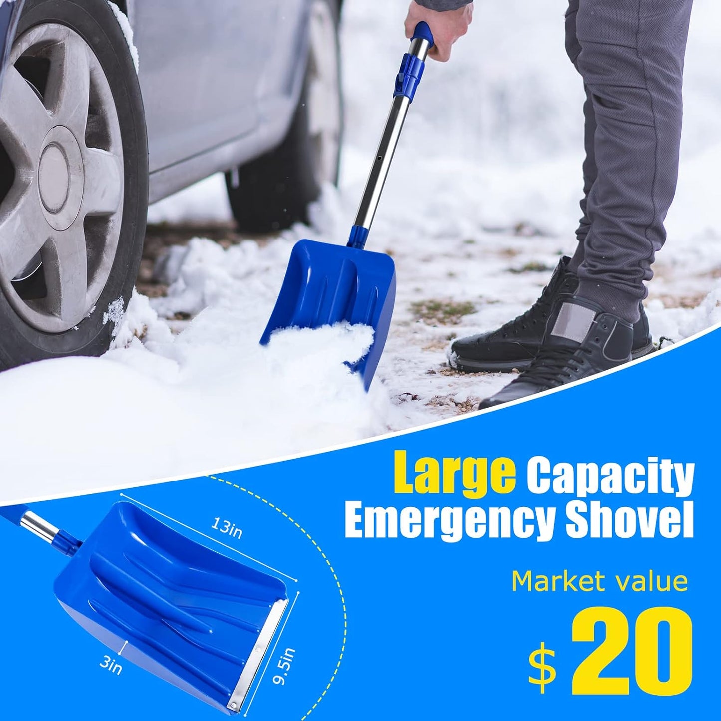 55" Scratch Free Snow Brush for Car and Snow Shovel, Anti-Break Extendable Snow Brush and Ice Scrapers, 6 in 1 Truck Snow Brush with Squeegee, Ice Scraper, Snow Shovel for SUV, Truck, Car Windshield