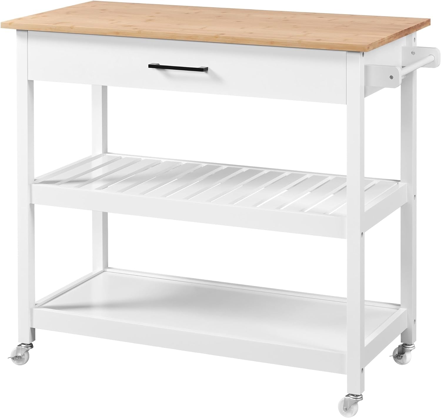 40" Width Kitchen Island Cart on Wheels, 3 Tiers Rolling Utility Cart with Solid Wood Top and Drawer & 2 Spacious Storage Shelf, Serving Trolley for Dining Room, White