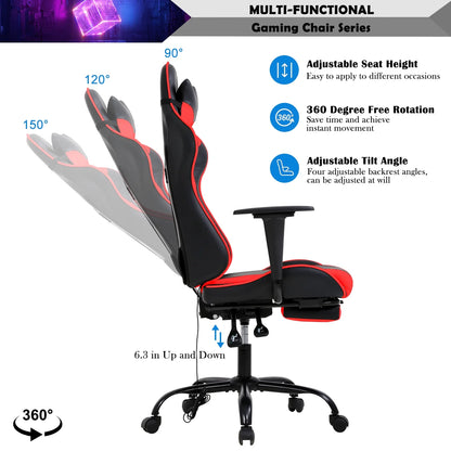 Gaming Chair Racing Office Chair Ergonomic Desk Chair Massage PU Leather Recliner PC Computer Chair with Lumbar Support Headrest Armrest Footrest Rolling Swivel Task Chair for Adults, Red