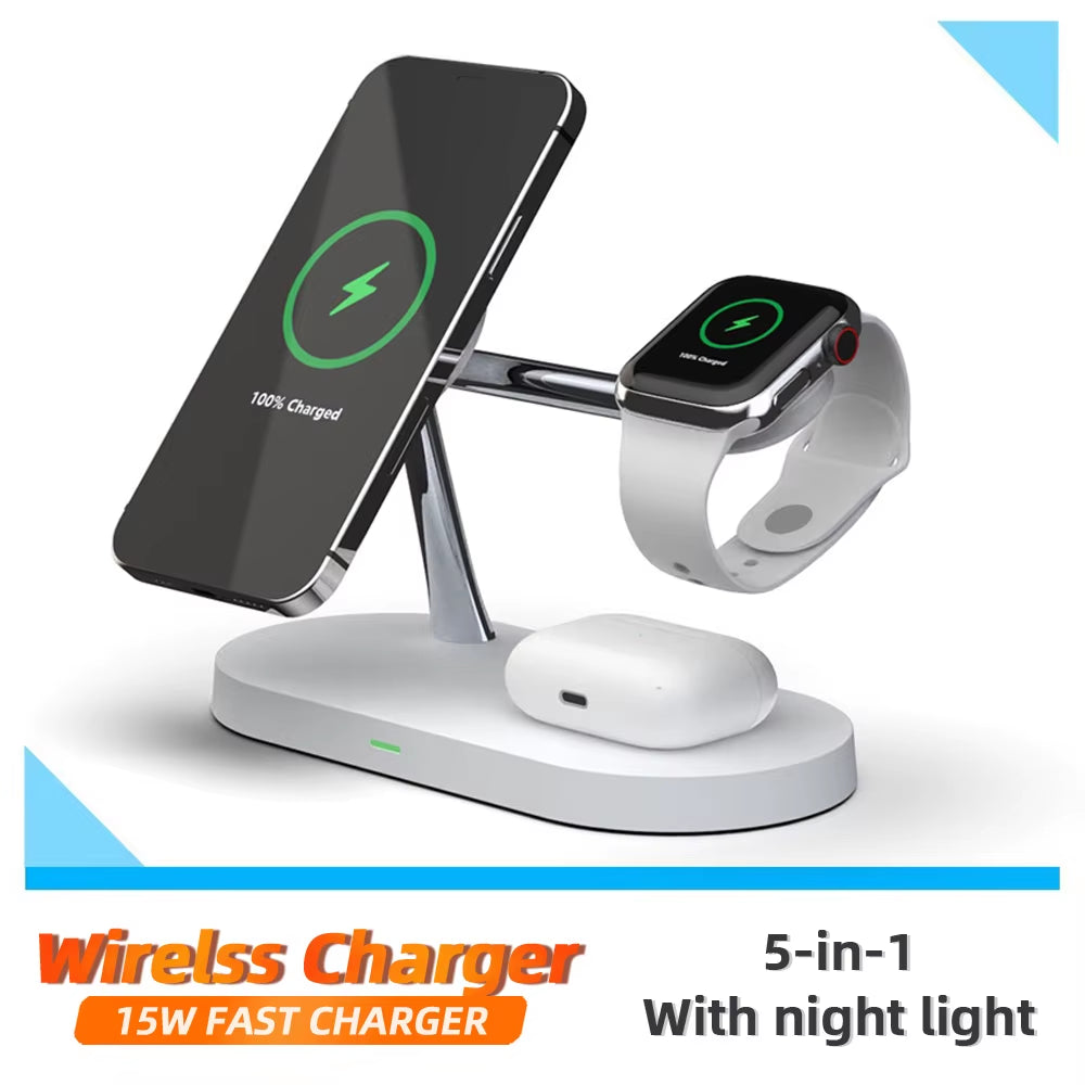 5 in 1 Magnetic Wireless Chargers Stand for Iphone 13 14 Charger Dock Station for Airpods Pro Wireless Charger with Night Light