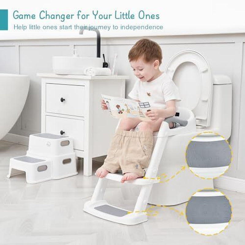 Potty Training Toilet Seat with Step Stool Ladder, Toddler Kids White-Grey