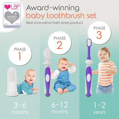 Award-Winning Baby Toothbrush Set (3-24 Months) - 3-Pack Baby Finger Toothbrush, Training Toothbrush & Toddler Toothbrush - Bpa-Free Baby First Toothbrush Set (Purple)