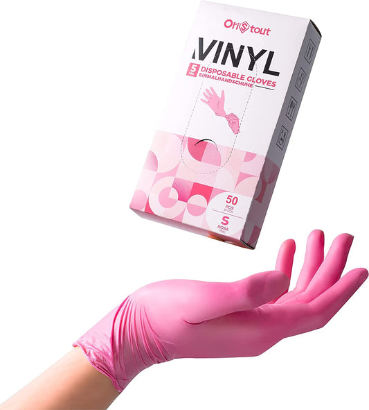 Disposable Gloves for Women, Pink Vinyl Gloves Disposable Latex Free for Cooking, Food Prep, Cleaning, Hair Dye, Tattoo, Medium Duty, Touch Screen, Small, 50 Pack