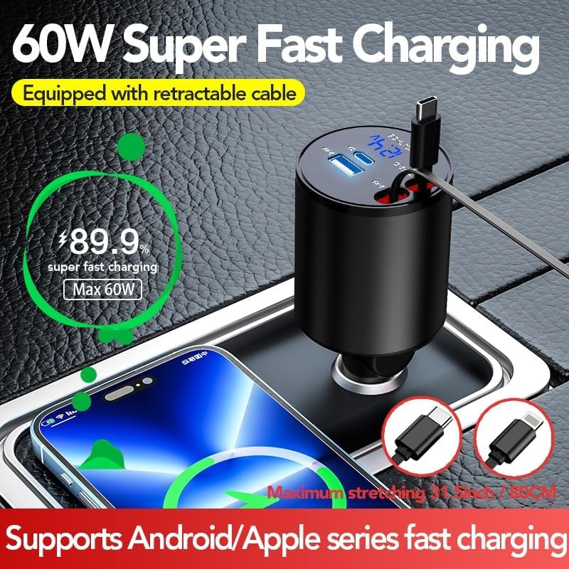 Retractable Car Charger, 4 in 1 Super Fast Car Phone Charger 60W, 2 Retractable Cables and 2 USB Ports Car Charger Adapter,Compatible with Iphone 16/15/14/13/12/11,Air-Pods 4,Galaxy,Pixel