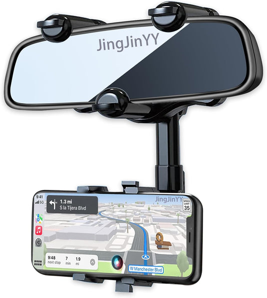 Rearview Mirror Phone Holder for Car, 360° Rotating Rear View Mount with Adjustable Arm Length, Multifunctional and GPS Universal Car All Smartphones