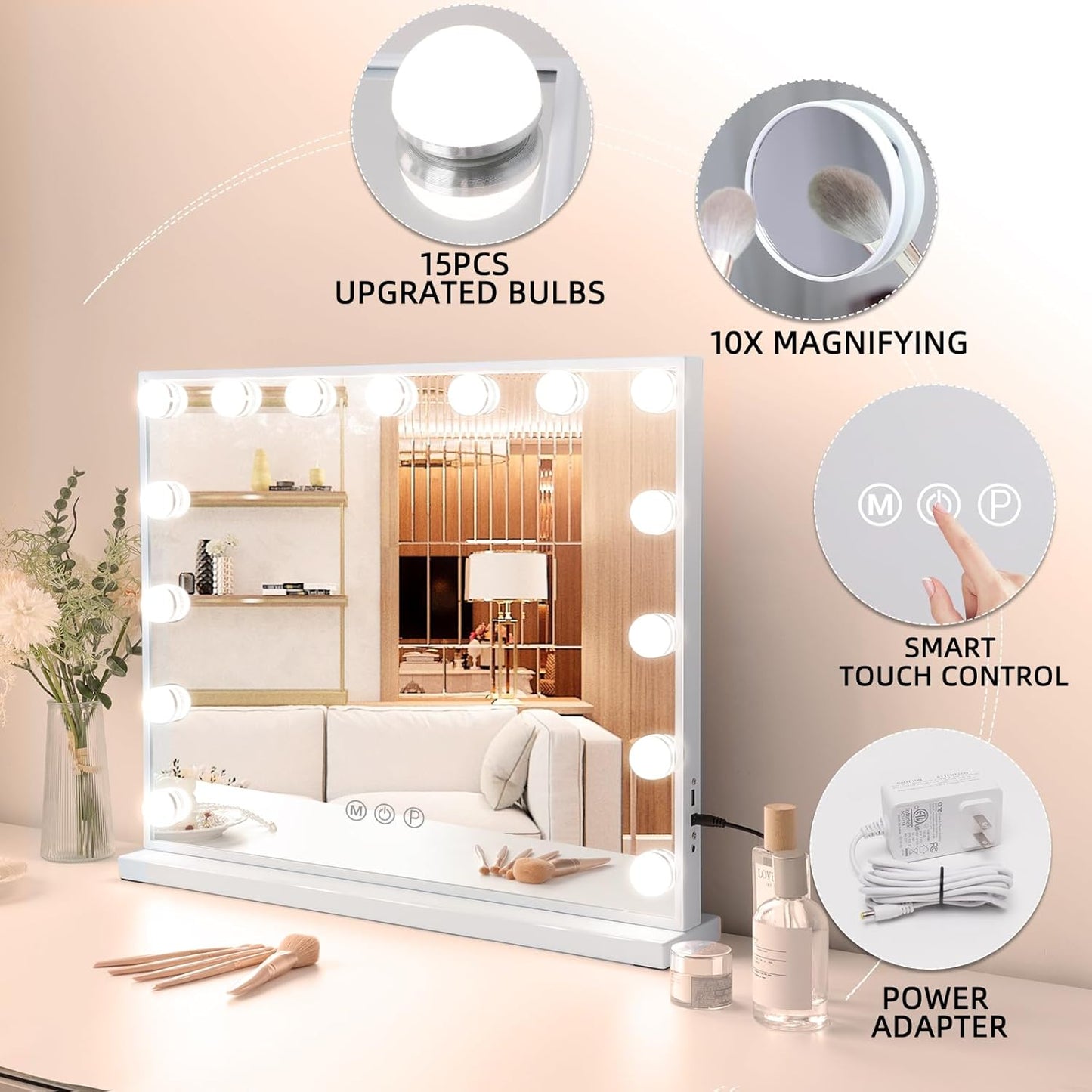 Vanity Mirror with Lights Bundle：Makeup Mirror with 15 Bulbs and USB Charge & Light up Mirror with 9 Bulbs