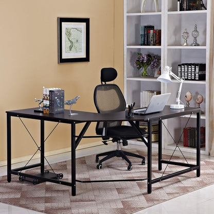 L-Shaped Computer Desk 59 Inches X 59 Inches, Composite Wood and Metal, Home Office PC Laptop Study Workstation Corner Table with CPU Stand, Brown Black and Black Legs, ZJ02-BB