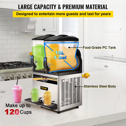 Commercial Slushy Machine 15L Double Tank Margarita Machine Stainless Steel Frozen Drink Machine Perfect for Cafes Bars