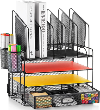 Desk Organizer with Drawer, 4-Tier Mesh Desk File Organizer with 5 Vertical File Holders and 2 Pen Holders, Multifunction Desktop Organizer,Desk Organizers and Accessories for Home Office