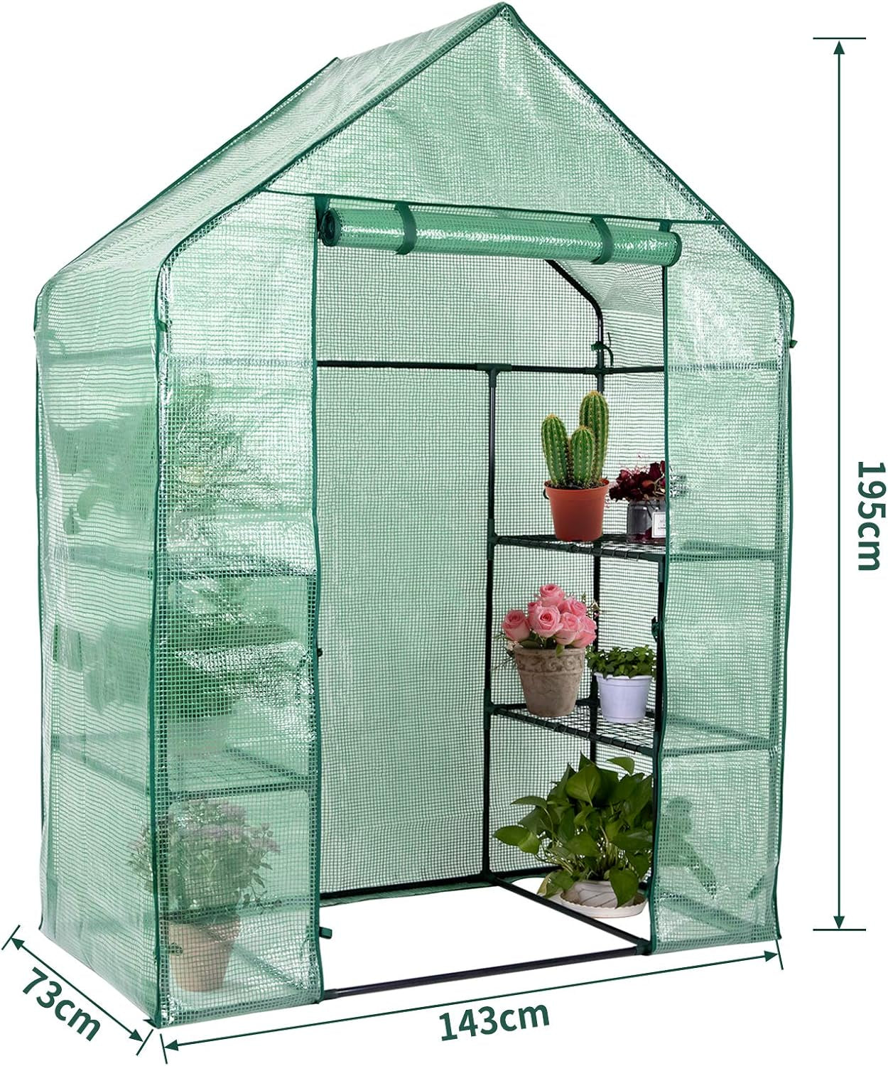 Greenhouse, Walk-In Green House with PE Cover and Roll-Up Zipper Door, 3 Tiers 4 Shelves, Indoor Outdoor Greenhouse for Plants, Herbs, Flowers-4.7’X2.4’X6.4’