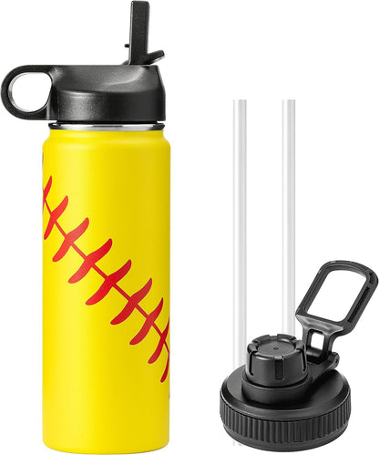 18Oz Stainless Steel Insulated Water Bottles with Straw Wide Mouth Thermos Bottle Softball Baseball Tumbler with Straw (Softball, 18Oz)