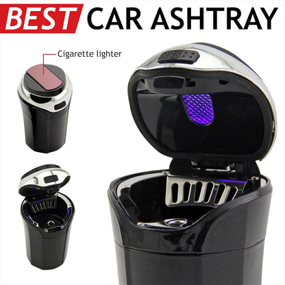 Car Ashtray (1-Pack), Easy Clean up Detachable Stainless Car Ashtray with Lid Blue Led Light and Removable Lighter for Most Car Cup Holder (Silver)