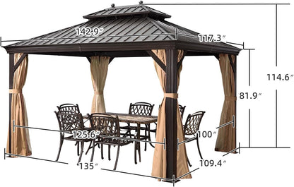 10' X 12' Hardtop Gazebo Canopy for Patio Deck Backyard Heavy Duty outside Sunshade with Netting and Curtains Outdoor Permanent Metal Pavilion