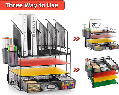 Desk Organizer with Drawer, 4-Tier Mesh Desk File Organizer with 5 Vertical File Holders and 2 Pen Holders, Multifunction Desktop Organizer,Desk Organizers and Accessories for Home Office