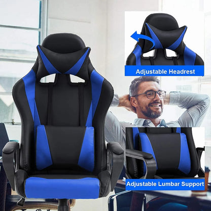 Racing Style Gaming Chair with Adjustable Pillows and Reclining Backrest for Unisex Gamers(Blue)