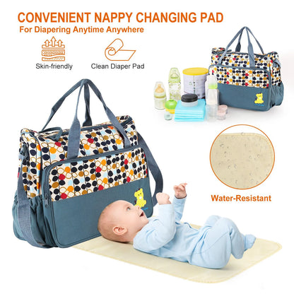 Baby Diaper Bag Tote Set, 5Pcs Baby Nappy Diaper Bags for Mom and Dad with Nappy Changing Pad Insulated Pockets, Grey