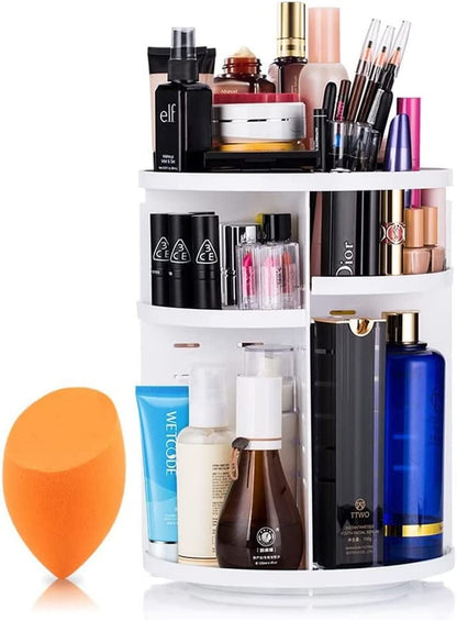 360 Degree Rotating Makeup Organizer for Mothers Day Gifts Extra Large Capacity Adjustable Multifunctional Cosmetic Storage Box for Skin Care Products Makeup Sponges (White)