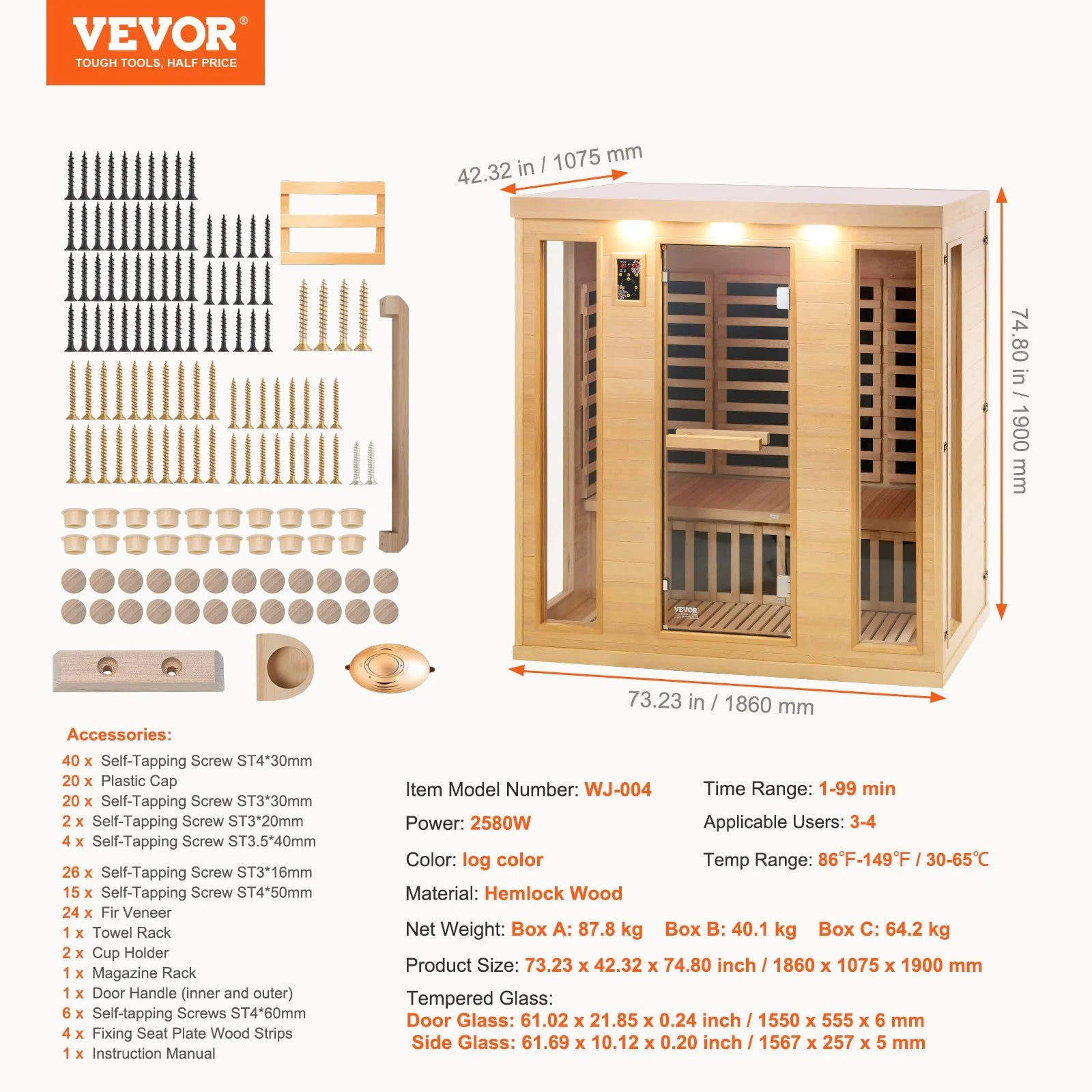 VEVOR Far Infrared Wooden Sauna Room Home Sauna Spa for 3 to 4 Person 2580W