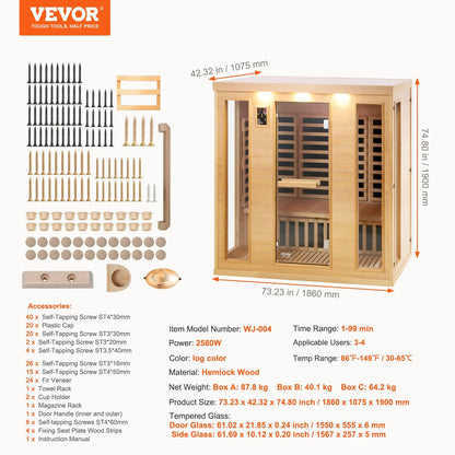 VEVOR Far Infrared Wooden Sauna Room Home Sauna Spa for 3 to 4 Person 2580W