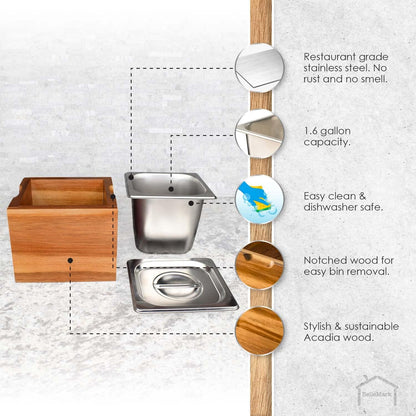 Kitchen Compost Bin- Rust Proof Stainless Steel Insert, Countertop Compost Bin with Lid and Acacia Wood Box- Small Compost Bin Kitchen