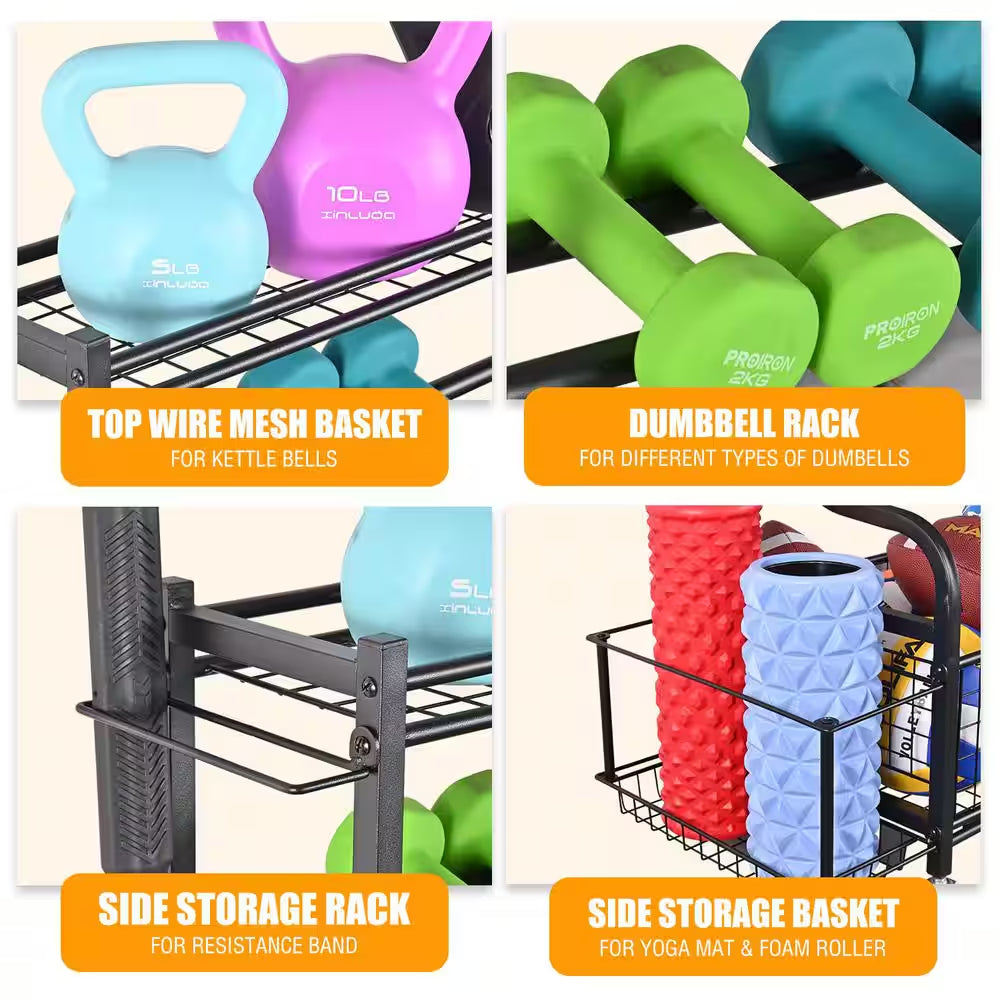 350 Lbs. Weight Rack Capacity Sports Storage Rack Organization for Dumbbells Kettlebells Yoga Mat and Balls