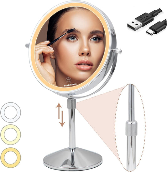 Height Adjustable Makeup Mirror 8In Lighted Makeup Mirror 1X/7X Magnifying Mirror Rechargeable Vanity Mirror with Lights Cosmetic Mirror