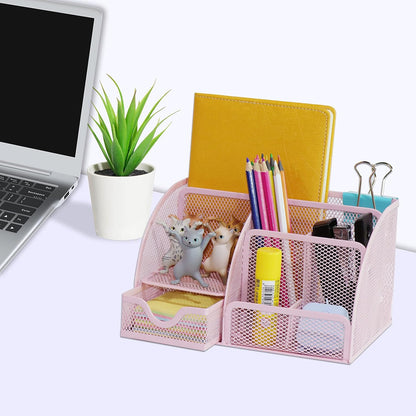 Desk Organizer Office Accessories, Multi-Functional Mesh Desk Organizer with 6 Compartments and 1 Drawer for Home, Office, School, Workshop, Kitchen (Pink)