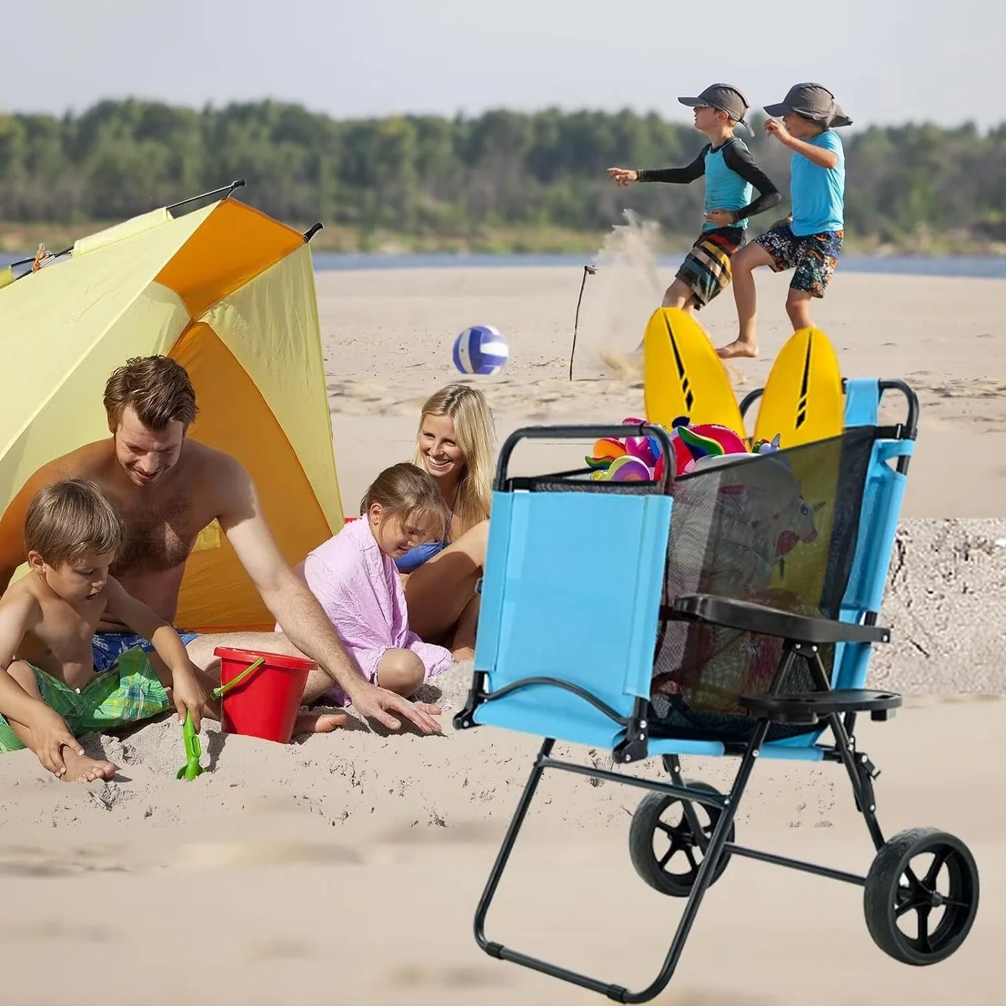 Lightweight Beach Chair, 2-In-1 Beach Chair Combo Cart Lounge Chair with Heavy Wheels, Outdoor Sunbathing Folding Beach Tanning Chair Sun Chair for Beach, Pool or Picnic