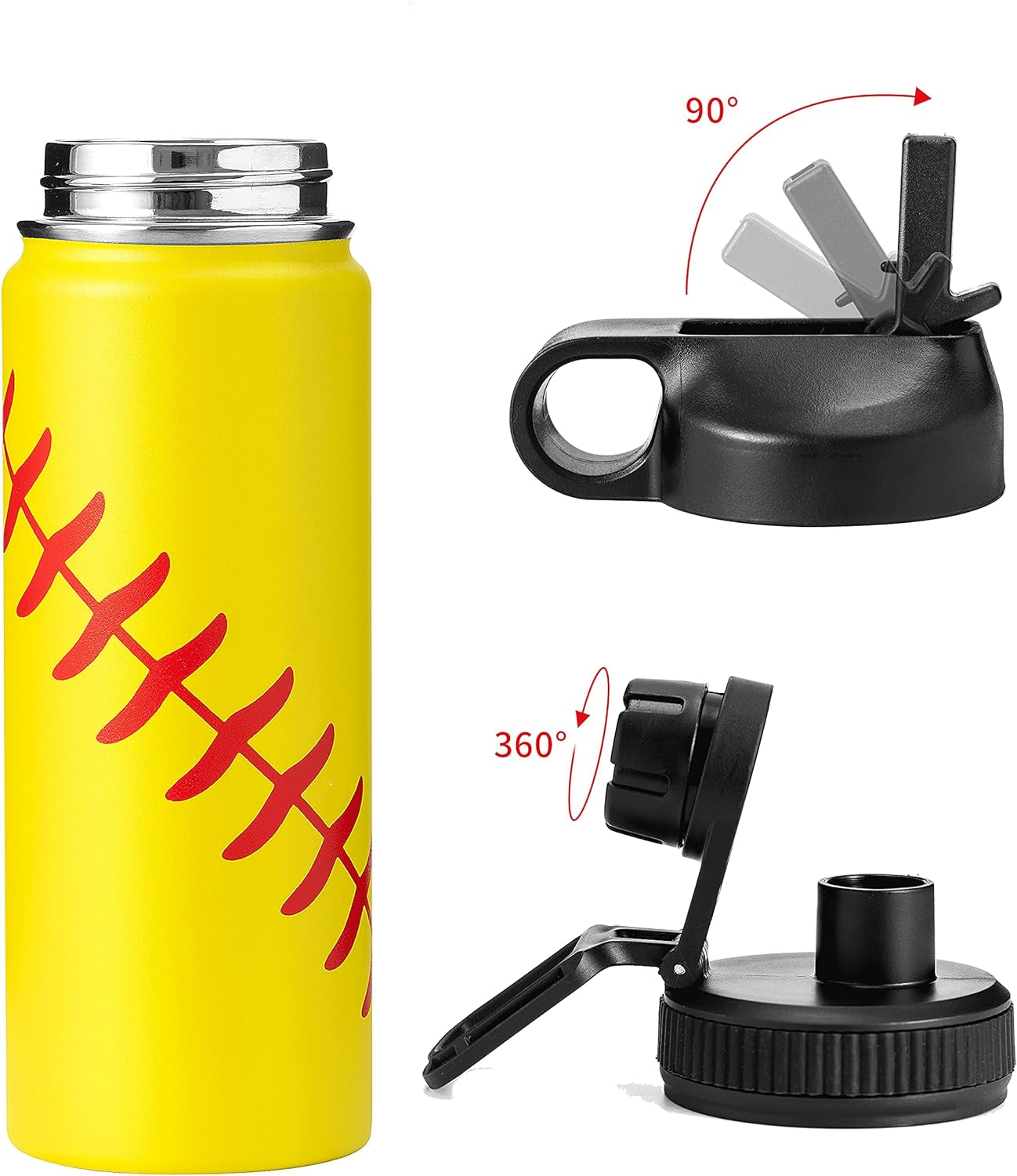 18Oz Stainless Steel Insulated Water Bottles with Straw Wide Mouth Thermos Bottle Softball Baseball Tumbler with Straw (Softball, 18Oz)