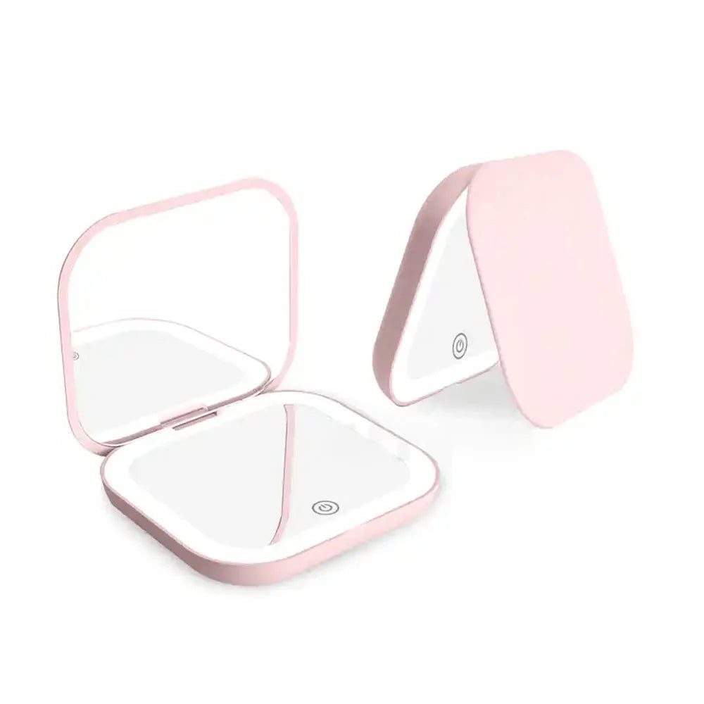 Compact Mini Gift Vanity Folding Cosmetic Mirror with Lights Portable Hand Held Small Pocket Travel Makeup Mirror 2X Magnifying