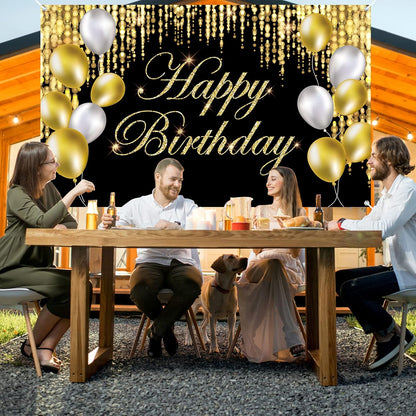 Black Gold Happy Birthday Banner Backdrop Large Happy Birthday Yard Sign Backgroud It'S My Birthday Backdrop Baby Shower Party Indoor Outdoor Car Decoration Supplies for Men Women Boys Girls