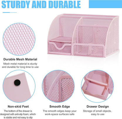 Desk Organizer Office Accessories, Multi-Functional Mesh Desk Organizer with 6 Compartments and 1 Drawer for Home, Office, School, Workshop, Kitchen (Pink)