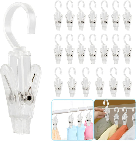 20 PCS Laundry Hooks with Clips Super Strong Plastic Home Travel Swivel Hanging Hanger Closet Organizer Clamps Socks Boot Bras Towels for Bathroom Wardrobe Kitchen Office - 4.3 Inches (Clear)