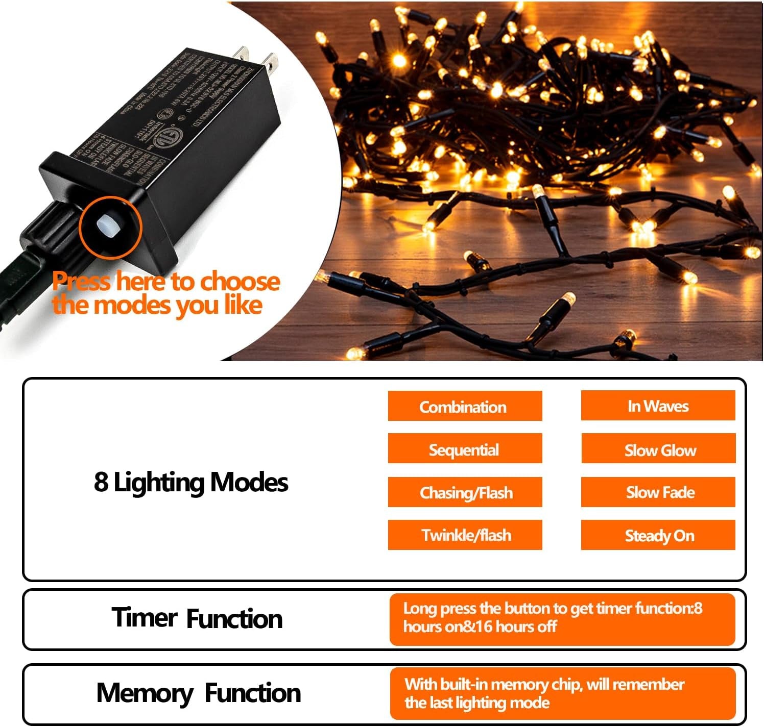 Upgraded 82FT 200 LED Christmas String Lights Outdoor/Indoor, Timer & Memory Function & 8 Modes, Extendable Green Wire, Waterproof Fairy String Lights for Xmas Tree Holiday Party Garden (Warm White)