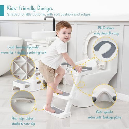 Potty Training Toilet Seat with Step Stool Ladder, Toddler Kids White-Grey