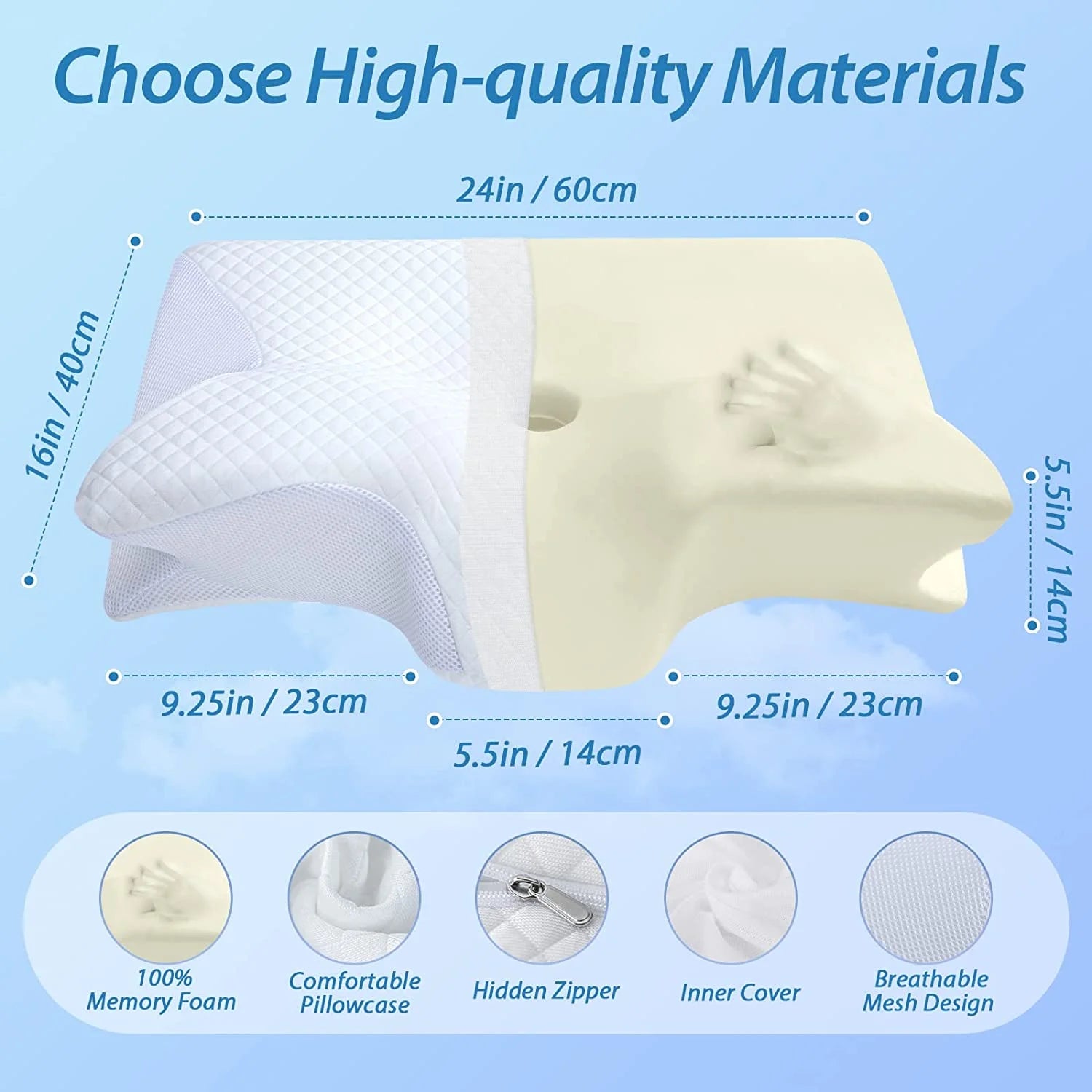 Memory Foam Cervical Sleeping Pillow, 2 in 1 Ergonomic Contour Orthopedic Pillow for Neck Pain, Contoured Support Pillows for Side Back Stomach Sleepers 3.3Lb (White)